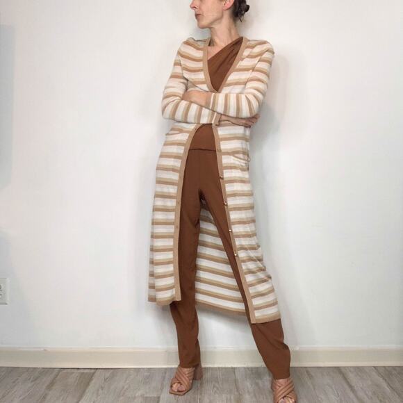 NWT L'AGENCE Marija metallic striped long cardigan duster tan button front 3045 - Picture 9 of 11